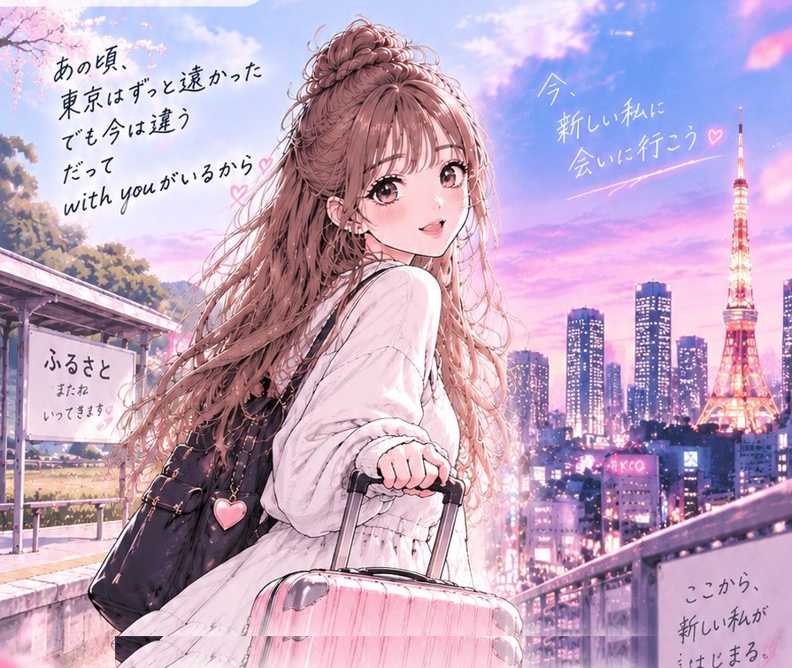 ふるさとの駅からスーツケースを持って東京へ向かうゆい 東京タワーと夜景