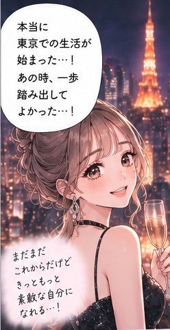 東京の夜景を背景に自信のある笑顔のゆい